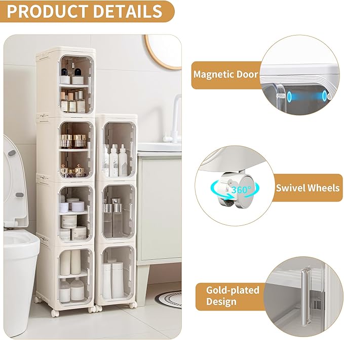 4-Tier Tall Narrow Storage Cabinet, Slim Bathroom Storage Cabinet with Adjustable Shelves and Wheels, Narrow Organizer for Small Space, Bathroom, Kitchen, Laundry, Cream White