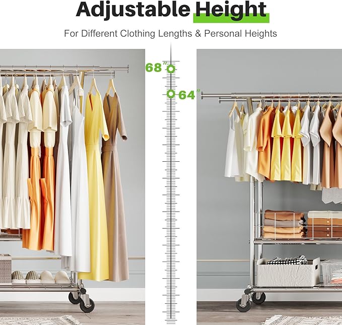 HOKEEPER Heavy Duty Clothes Rack Load 635 LBS, Clothing Rack for Hanging Clothes Adjustable Rolling Garment Rack with Wheels for Bedroom, Living Room (Double Rod with Metal Basket)