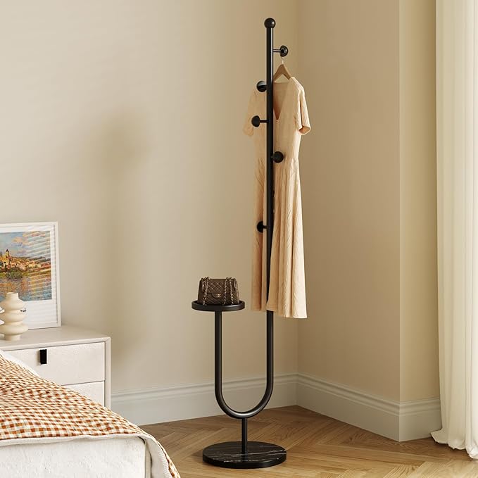 Coat Rack,Metal Free Standing Coat Stand with marble base, Hall Coat Tree with 6 Hooks and Storage Tray,68.9 Inch Tall, for Coats, Hats, Bags, for Entryway, Hallway, Bedroom