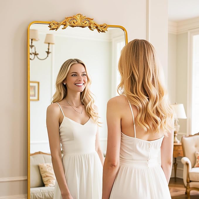 Vintage Full Length Mirror, 81"x41" Floor Mirror with Carved, Full Body Mirrors for Home Decor, Standing/Hanging Large Wall Mirrors for Bedroom/Living Room/Entryway, Gold, Retro Style