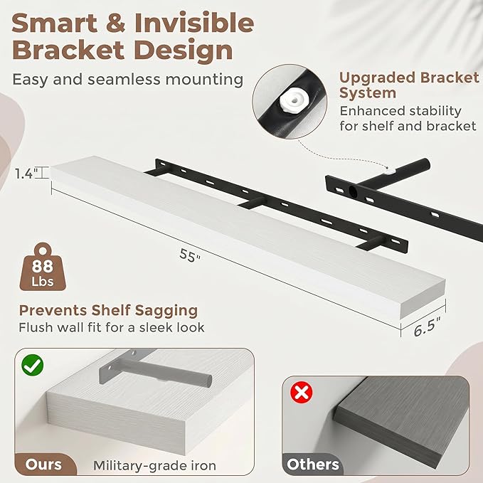 Venusmiles Floating Shelves for Wall, 55 Inch Floating Shelves Set of 1, 6.5" D Wooden Wall Mounted Display Shelves with Invisible Brackets for Living Room, Bedroom, Bathroom, Kitchen Decor, White