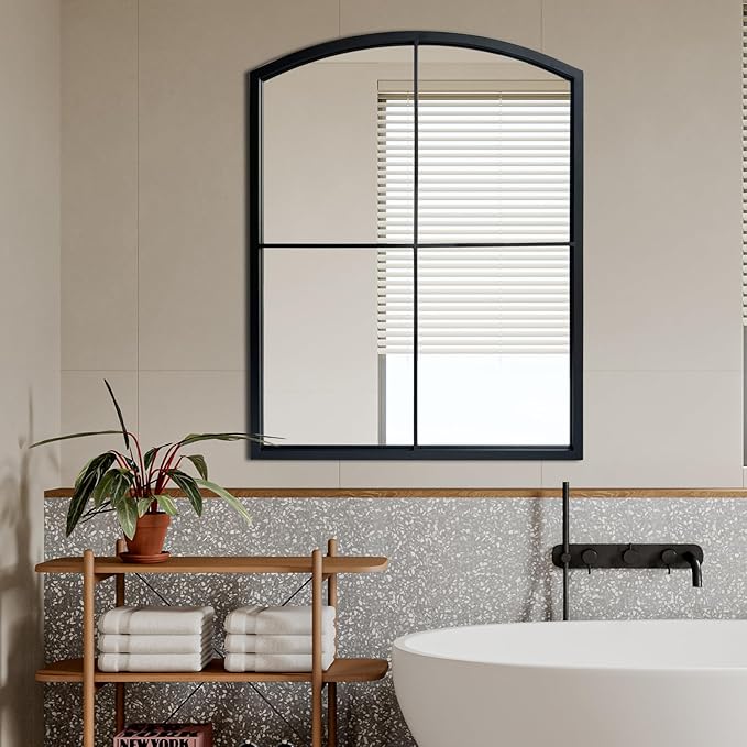 WAMIRRO Black Window Pane Mirror,Farmhouse Arched Grid Mirrors for Fireplace/Entryway/Hallway/Living Room 28"X36"