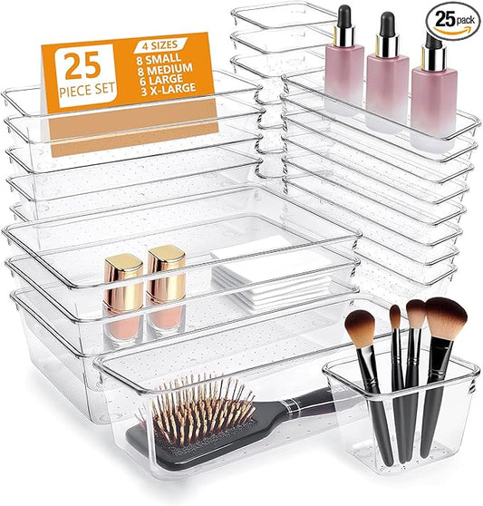 25 Pcs Makeup Drawer Organizer Set, 4 Sizes Versatile Bathroom and Vanity Drawer Organizer for Makeup, Non-Slip Desk Organizer Trays for Bedroom, Office, Fits Jewelry and Office Supplies