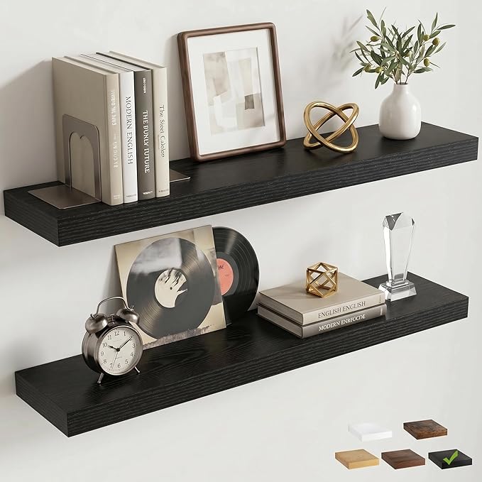 Venusmiles Floating Shelves for Wall, 32 Inch Floating Shelves Set of 2, 6.5" D Wooden Wall Mounted Display Shelves with Invisible Brackets for Living Room, Bedroom, Bathroom, Kitchen Decor, Black