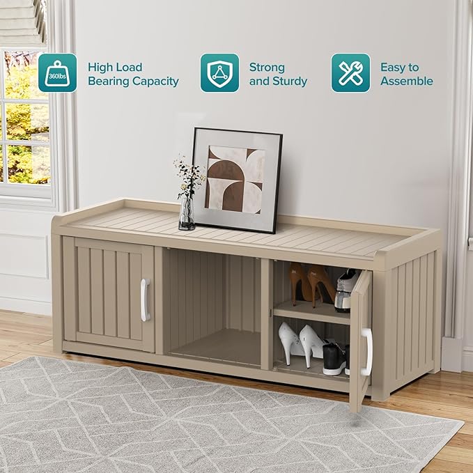 DRATO Shoe Storage Cabinet with Bench, Waterproof Shoe Cabinet with 2 Doors and Adjustable Shelf, Resin Storage Bench for Entryway Bedroom Hallway (Gray, 2 Doors)