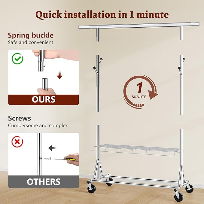 FAVOOSTY Heavy Duty Clothes Rack Load 450 LBS, Rollong Clothing Rack for hanging Clothes with Shelves, Freestanding Garment Rack, Portable Wardrobe Closet Rack for Laundry Room Bedroom, Silver