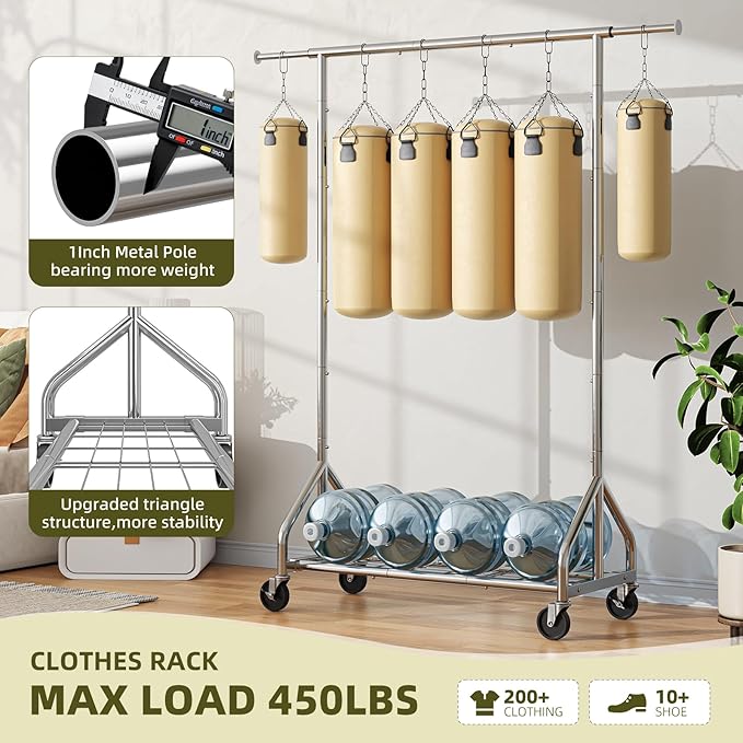 Simple Trending Heavy Duty Clothes Rack, Double Rod Clothing Rack for Hanging Clothes, Rolling Garment Racks with Lockable Wheels, for Bedroom Laundry Living Room, Chrome