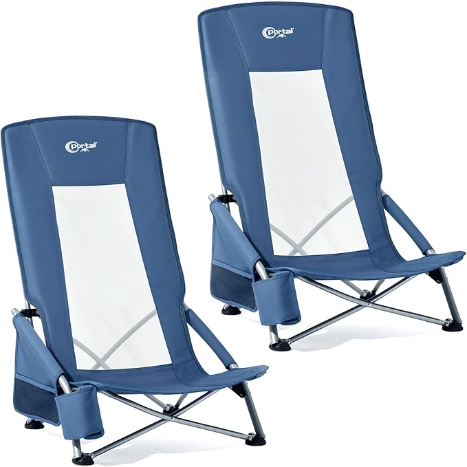Portal High Back Beach Chair for Adults - Heavy Duty 350 lbs Folding Portable Sand Chair with Cup Holder & Side Pocket, Breathable Mesh Tall Camping Chair with Rotating Feet for Outdoor Travel Blue