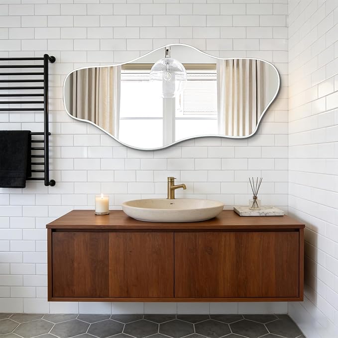 Irregular Wall Mirror, 47.2"x24" Silver Asymmetrical Tempered Glass Mirror, Modern Organic Shaped Frameless Mirrors for Living Room Bedroom Hallway Entryway, Horizontal or Vertical Hanging