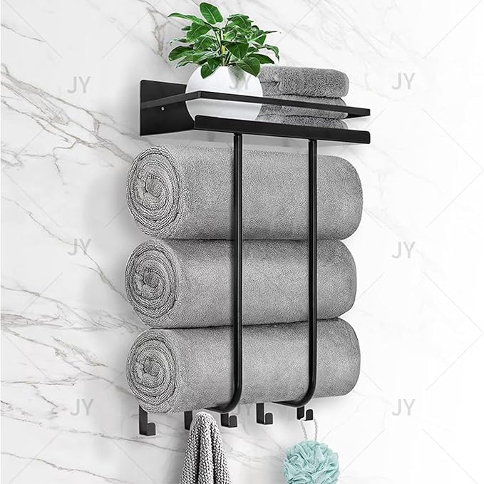 Bathroom Towel Storage Rack, Wall Mounted Towel Rack with Shelf and 5 Hooks, Can Holds 3 Large Towels Stainless Steel Bathroom Towel Holder for Rolled Towels, Bath Towels.(Black)