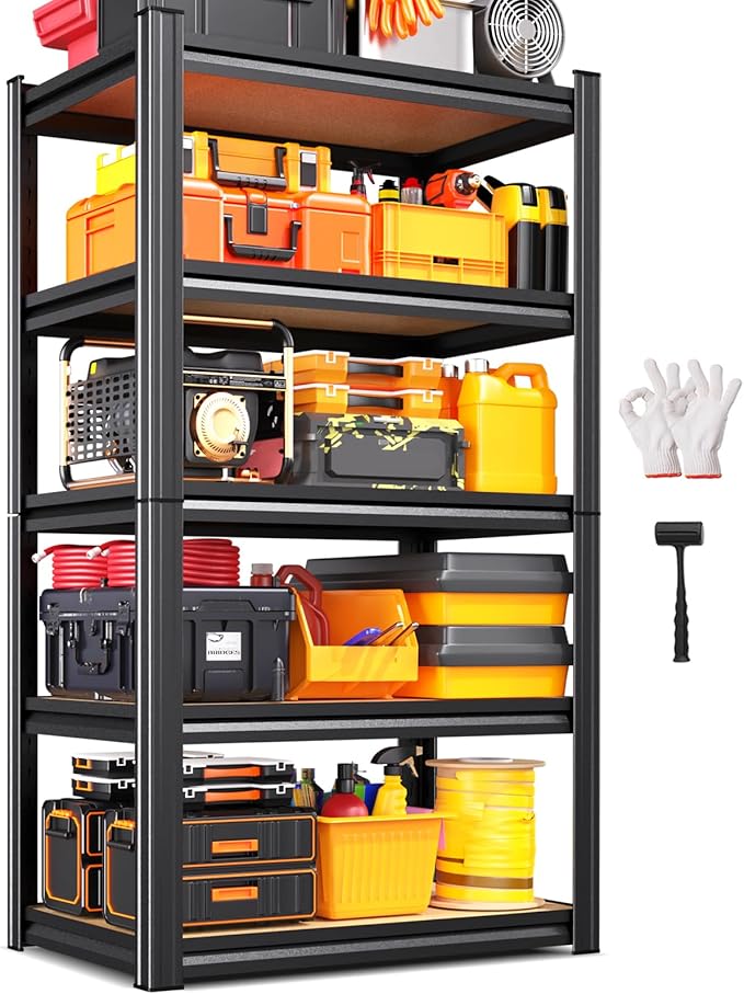 Storage Shelves,Adjustable Shelving Unit,5T Wood Garage Shelving ,Heavy Duty Garage Storage Shelves, Quick-Install Metal Shelving Unit Utility Rack Shelf for Warehouse, Pantry, Kitchen71.2’H*28’W*12’D
