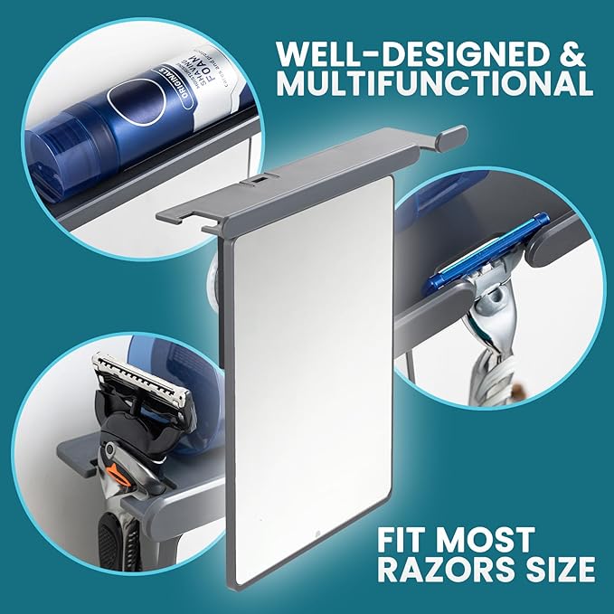 TAILI Shower Mirror Fogless for Shaving, Anti Fog Shaving Mirror with Razor Holder NO-Drilling,Removable,Shatterproof & Waterproof,Wall Mounted Bathroom Accessories with Powerful Suction(Grey)
