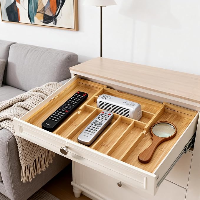 Bamboo Expandable Silverware Drawer Organizer, Adjustable Utensil Tray Cutlery Holder for Kitchen Drawer, Flatware Storage Organizer for Spoons, Forks and Knives, Natural 8 Slot