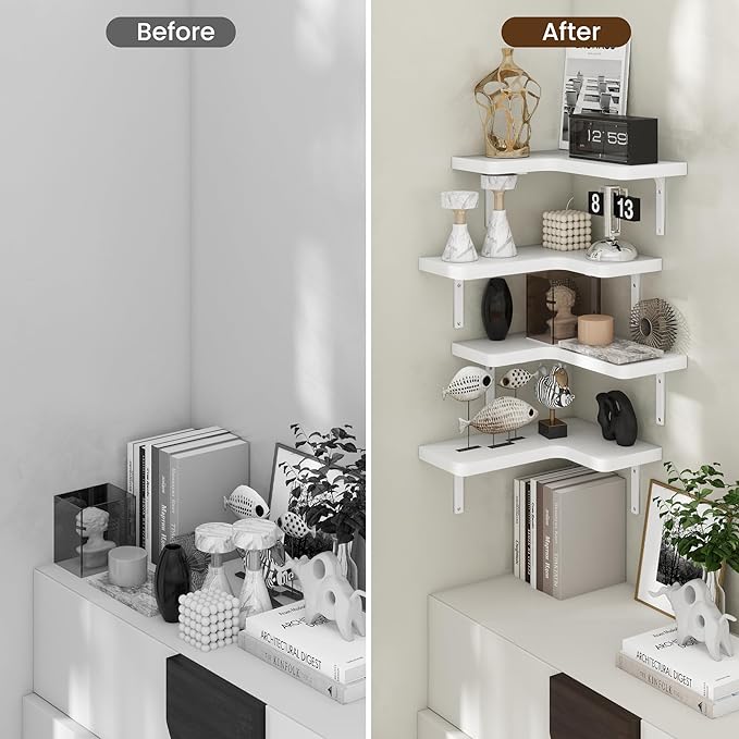 Venusmiles Corner Floating Shelves Set of 4, Wall Mounted L-Shaped Storage - Maximize Unused Corner Space in Bathroom, Kitchen, Bedroom, Office, Pearl White