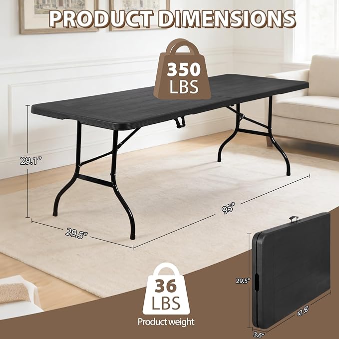 ZENY 8 Feet Plastic Folding Camping Table, Portable Indoor Outdoor Party Picnic Dining Table for Garden Soccer Party Wedding Multipurpose Entertaining Activities (Black)