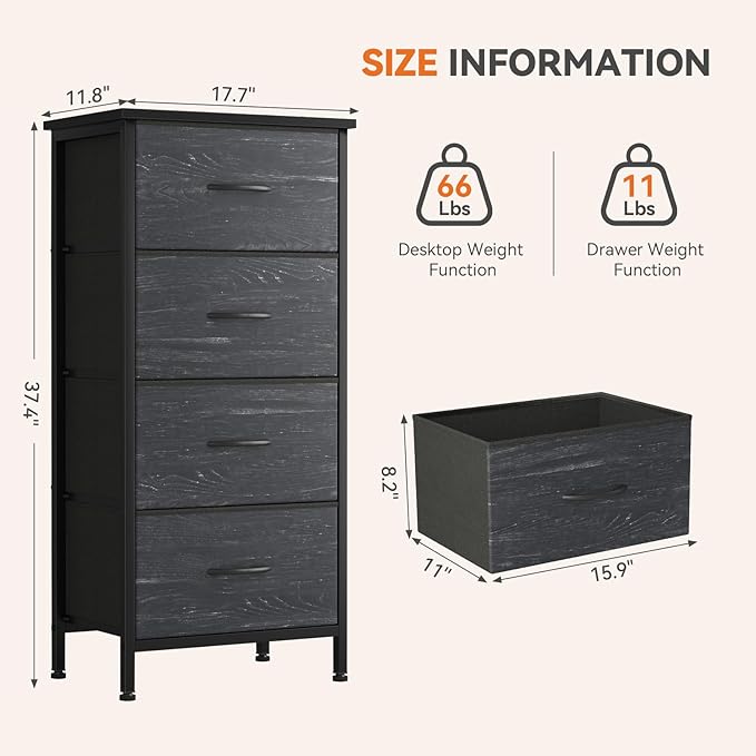 Sweetcrispy Nightstand Small Bedroom Dresser with 4 Fabric Drawers,Bed Side Furniture End Table,Wooden Top Cabinet Night Stand Dresser for Closet,Entryway,Dorm,Black Wood Grain