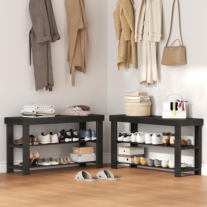 NEWBULIG Shoe Rack Bench, 3-Tier Bamboo Shoe Organizer, Wooden Entryway Storage Bench, 286 lb Load Capacity, 11.2x35.5x17.9 Inches, for Entryway Bathroom Bedroom Balcony, Black