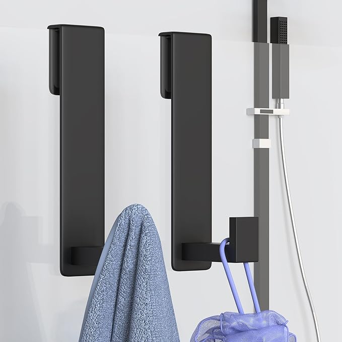 HUFEEOH 2-Pack Shower Towel Hooks, Stainless Steel 7.5-Inch Extended Over Door Hooks for Frameless Glass Shower Door, Heavy Duty Towel Rack for Bathroom, Holds Robes & Towels, Black