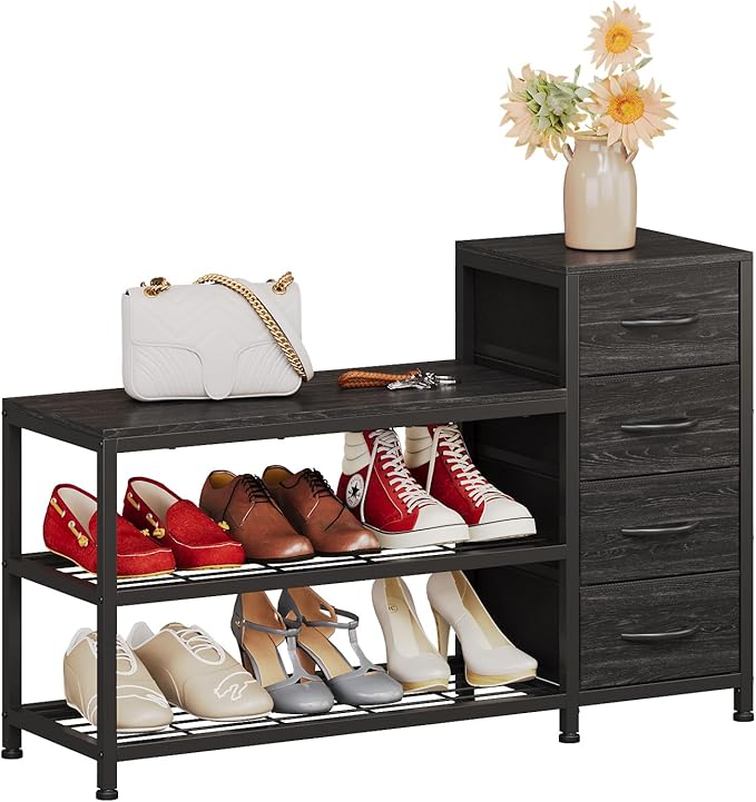 EXOTICA 3 Tier Entryway Bench Shoe Storage Bench with 4 Fabric Drawers Metal Frame and Wooden Board Shoe Rack Bench with Seat for Entryway Hallway Front Door Doorway