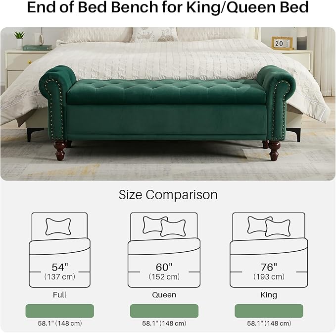SOFTHION 58.1" Storage Bench Upholstered Velvet End of Bedroom Bed Bench Ottoman with Tufted Cushioned Rolled Arm Large Storage Space for Reading Living Room Entryway,Dark Green