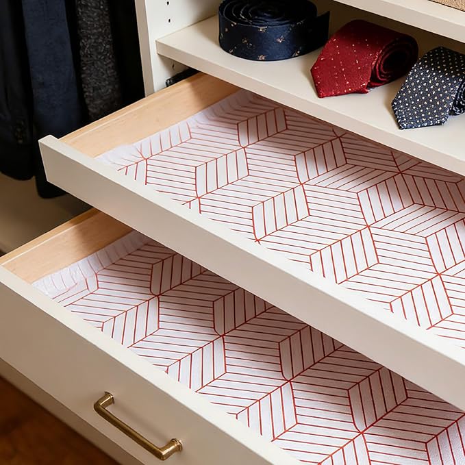 Red Geometric Pattern Shelf Liner, Non-Adhesive Non-Slip Thickened Drawer Liner, Easy to Clean Contact Paper for Kitchen Cabinets, Tool Box, Refrigerator, Includes Knife & Tape .17.3×236.22inches.
