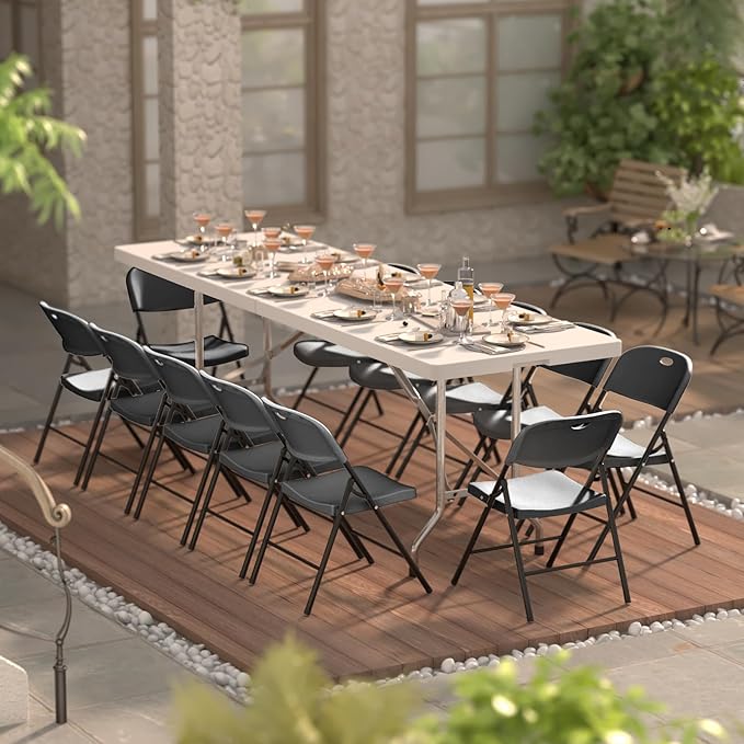 Nazhura 350 Weight Limit Heavy Duty Plastic Folding Chair with Reinfoced Steel Frame for Indoor and Outdoor, Wedding, Party, Restaurant, Meeting Room, Patio and Garden (6, Black)