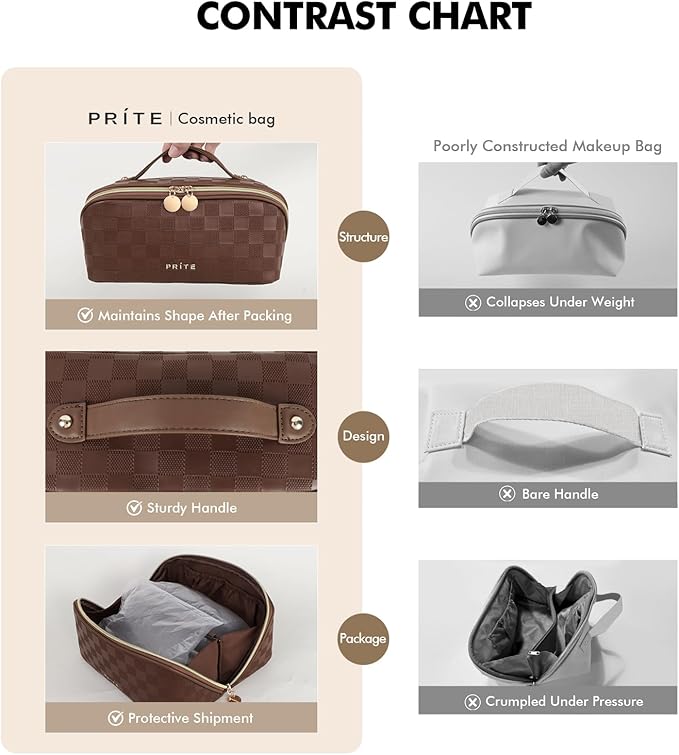 Prite Makeup Bag for Women Travel Waterproof Vegan Leather Cosmetic Bag Open Flat Toiletry Bag With Clear Divider and Handle (Plaid Brown, Medium)