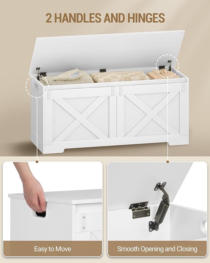 Hzuaneri 42.9" Storage Chest, Large Storage Trunk with 2 Hinges, Farmhouse Wooden Box Bench, Lift-Top Organizer Chest, Entryway Trunk for Bedroom, Living Room, White SB10903X