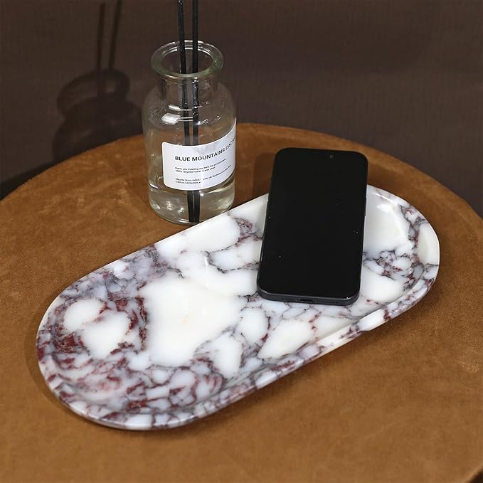DUANYAN Natural Marble Tray, Coffee Table, Food, Fruit, Paper Cup, Cake Display, Coffee bar, Family Gatherings, Seasonal Holiday Decoration Tray(Viola-oval-11 x5 x0.7)
