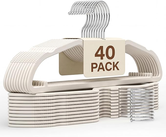 40 Pack Short Neck Hangers - Ultimate Value Set, Upgraded Liquid Silicone Non-Slip Space Saving Clothes Hangers, Heavy Duty Coat Hangers, 360° Swivel Hook, Lint-Free, Cream