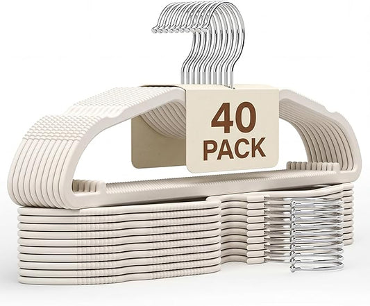40 Pack Short Neck Hangers - Ultimate Value Set, Upgraded Liquid Silicone Non-Slip Space Saving Clothes Hangers, Heavy Duty Coat Hangers, 360° Swivel Hook, Lint-Free, Cream