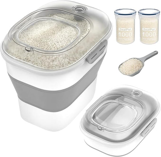 20-50Lbs Rice Container,Collapsible Food Storage Containers with Clear Airtight Lid,Wheels,Date Track,Rice Storage Container with 2PCS Containers and Scoop,Rice Dispenser for Flour Sugar Grain Dog Cat