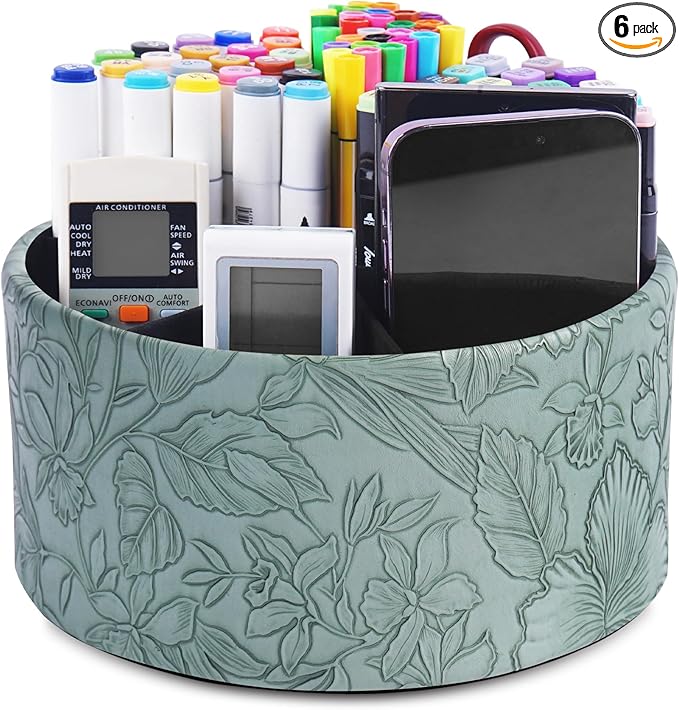 Remote Control Holder, 360°Spinning PU Leather Desk TV Remote Caddy,Desk Storage Box Room Accessories for Controller, Media,Mail,Calculator, Mobile Phone,Pencil(1-Carved Green2)