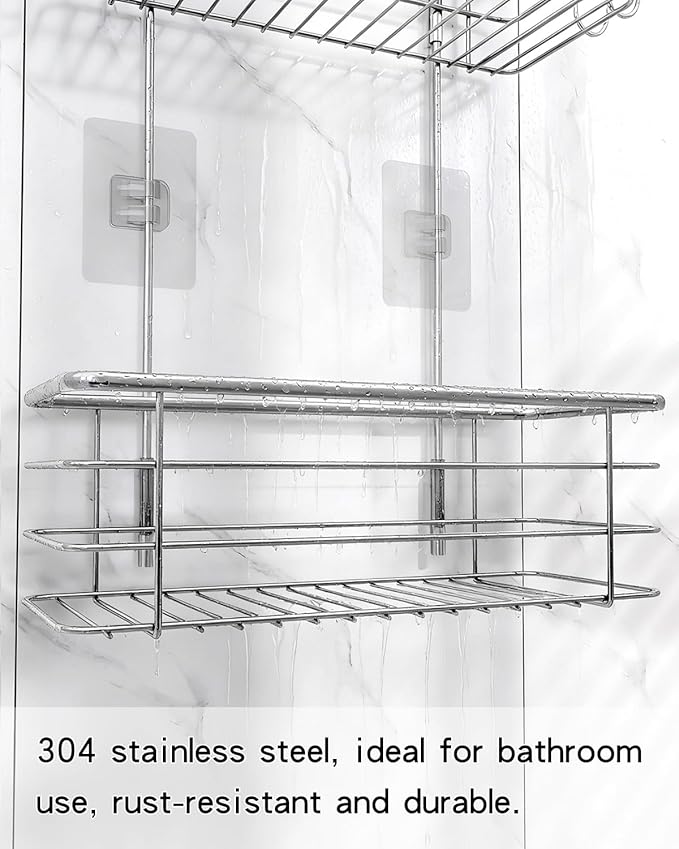 Hanging Shower Caddy, Stainless Steel, 2-Tier Bathroom Organizer Rack over Shower Head with 2 Hooks for Razor and Sponge