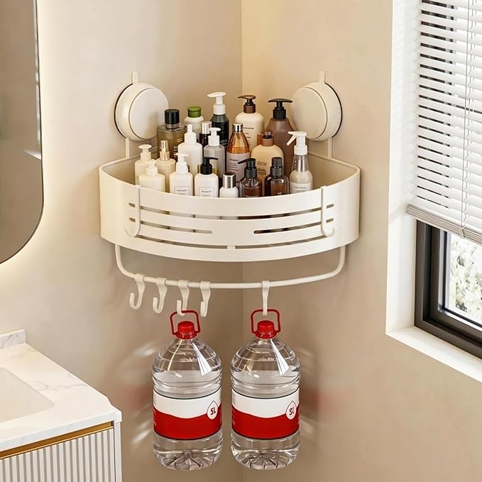 No-Drilling Corner Suction Cup Shower Caddy(1-Pack Cream White),Rust-Proof and Durable Bathroom Organizer with Towel Bar & Hooks,Modern Large-Capacity Wall-Mounted Shower Shelf
