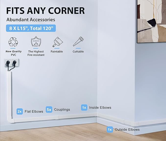 120in Cord Hider Wall, Cable Management Kit to Hide 3-5 Cords, Cord Organizer Wall, TV Cable Hider Wire Hider for Wall Hide Cords Wall Mounted TV, Cable Raceway White 8 x L15in, W1.2in H0.65in
