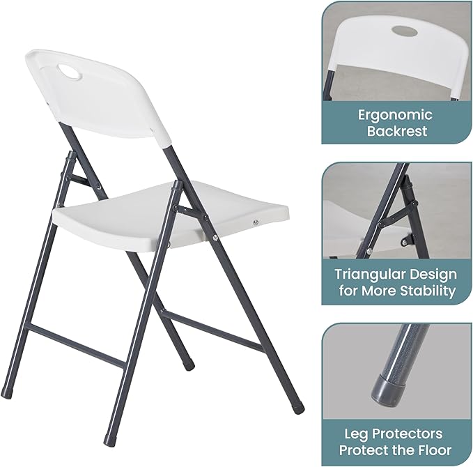 Simple Deluxe 2 Pack Folding Chairs Heavy Duty with Ergonomic Back - Plastic Stackable Portable Dining Chairs Set, for Home and Office, Conference, Wedding, Patio, Garden, for Indoor Outdoor, White