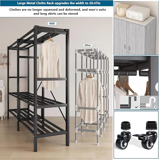 Heavy Duty Covered Clothes Rack with Magnetic Door Foldable Portable Wardrobe Closet for Hanging Clothing Rolling Black Metal Garment Rack on Wheels Closet System (Gray, 70.89in)
