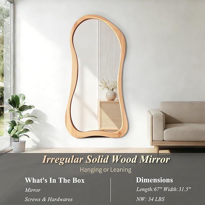 Large Irregular Mirror, 67"x31.5" Asymmetrical Full Length Mirrors with Solid Wood Frame, Organic Aesthetic Floor Mirror for Living Room Entryway Hallway Cloakroom, Leaning/Hanging