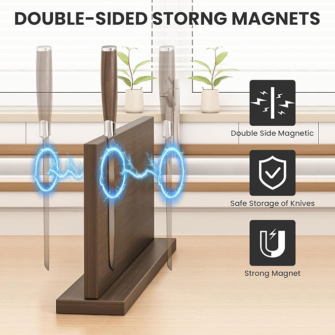 THMINS Magnetic Knife Block, 16 x 9 Inch Double-Sided Wooden Knife Holder for Kitchen Counter, Extra Large Magnetic Knife Holder and Storage Organizer