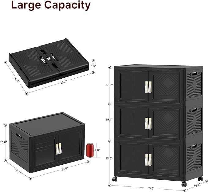 UAMFURI Stackable Storage Bins with Lids, Clear Doors, Large Storage Cabinet Foldable Collapsible Closet Organizers for Bedroom Dorm Office (3, Black, 120, Quarts)