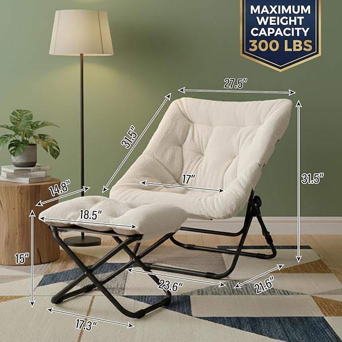 Tiita Folded Chair with Straight Ottoman, Soft Faux Fur Oversized Folding Accent Chair,Lazy Chair, Metal Frame Moon Chair for Bedroom, Living Room, Dorm Rooms, Garden and Courtyard, Beige