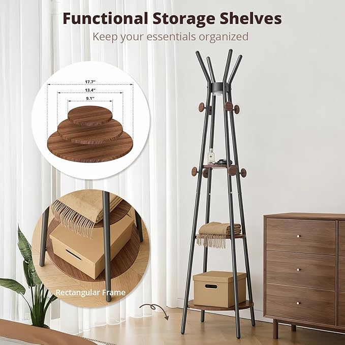 young master Coat Rack, Freestanding Coat Rack with 3 Shelves and 12 Hooks, Coat tree with Motion Sensor Light for Entryway, Livingroom, Hall Tree Free Standing for Coats, Scarves, Handbags, Black