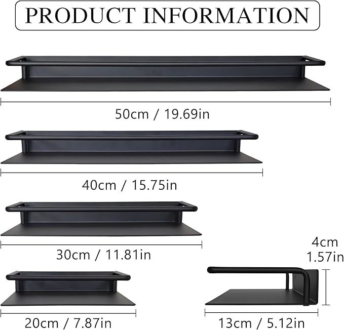 RFOUO 16Inch Metal Wall Shelf, Metal Floating Shelf, Black Floating Shelf, Small Shelf for Wall, Display Shelves for Bathroom Bedroom Kitchen (Black, 16Inch)