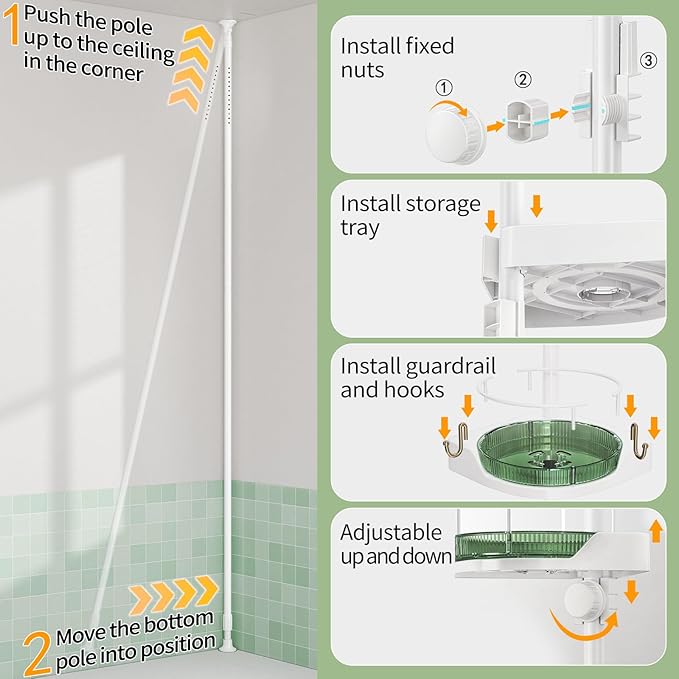 akinbas Shower Caddy Tension Pole with 4 L-Lazy Susan Organizer 360 Rotating 35-128 Inch No Drilling Floor Standing Shelves Adjustable Shower Rack for Bathroom Corner (White+Green)