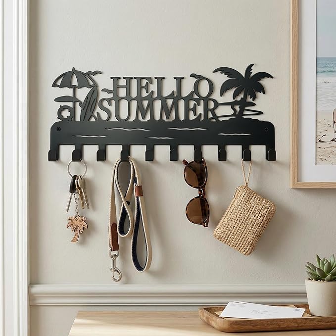 Metal Key Holder Wall Mount, Coastal Tropical Key Rack Hooks, Hello Summer Beach Wall Art Organizer for Entryway, Kitchen, Hallway, Garage, Farmhouse Home Decor & Housewarming Gift (Hello Summer)