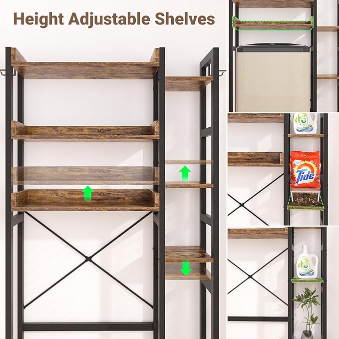 Besiost Over The Toilet Storage, 7 Tier Bathroom Organizer with Reversible Side Shelf and 2 Fabric Drawers, Adjustable Freestanding Rack Space Saver for Small Spaces, Rustic Brown