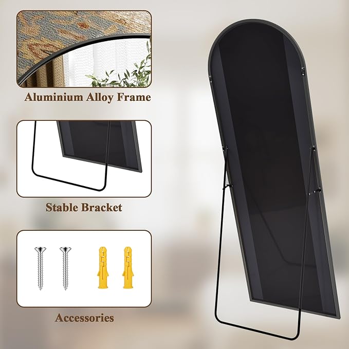 Arched Full Length Mirror 65"x24" - Floor Standing Body Mirror with Aluminum Frame,Leaning Hanging for Bedroom Cloakroom Living Room Black
