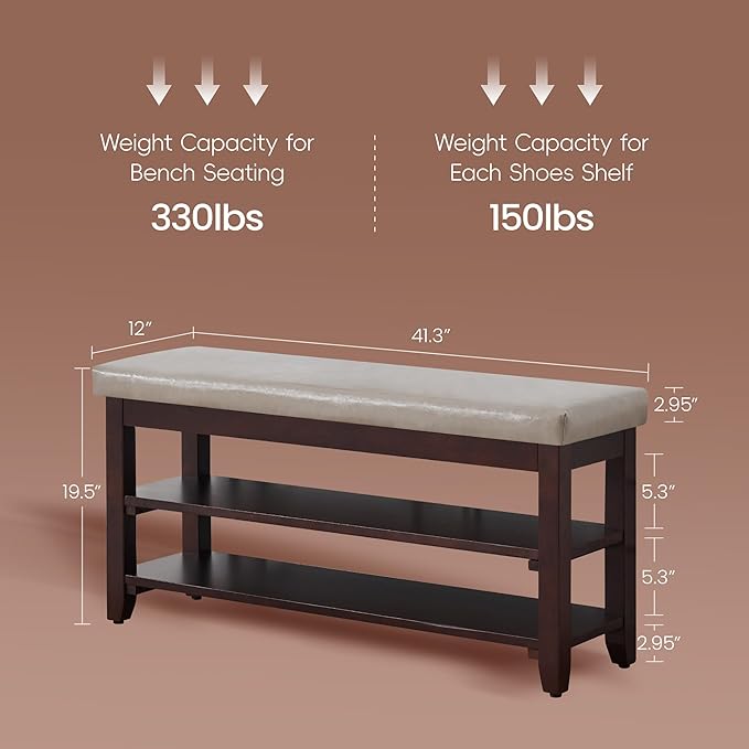 40" Shoe Bench with Leather Cushion, 2-Tier Shoe Rack Entryway Bench, Wood Bench for Front Door Entrance, Mudroom, Hallway, Wooden Shoe Shelves, Shoe Organizer, Shoe Storage, Grey