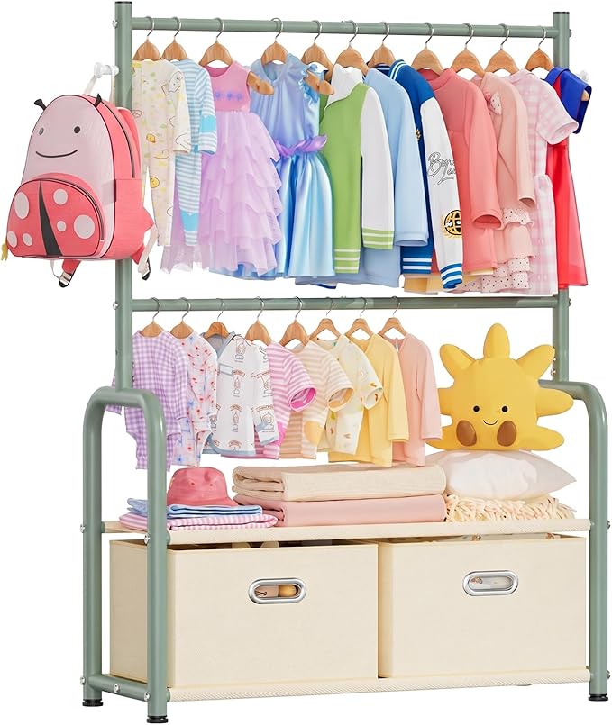 Kids Clothes Rack with 2 Tier Storage Racks and 2 Adjustable Hanging Poles, Small Baby Closet Organizer for Hanging Clothes, Kids Dress Up Rack (Upgrad, Green)